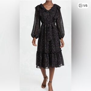 Moon River Black Long Sleeve Dress ruffles gold stars large Anthropologie boho